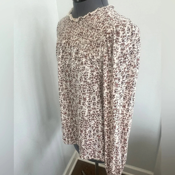 Lucky Brand Sz M Modest High Neck Smocked Frint Fall leaves long sleeve blouse - Picture 5 of 15